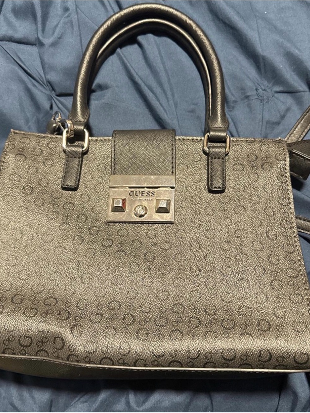 Guess Black Logo-Print Satchel with Silver Hardware